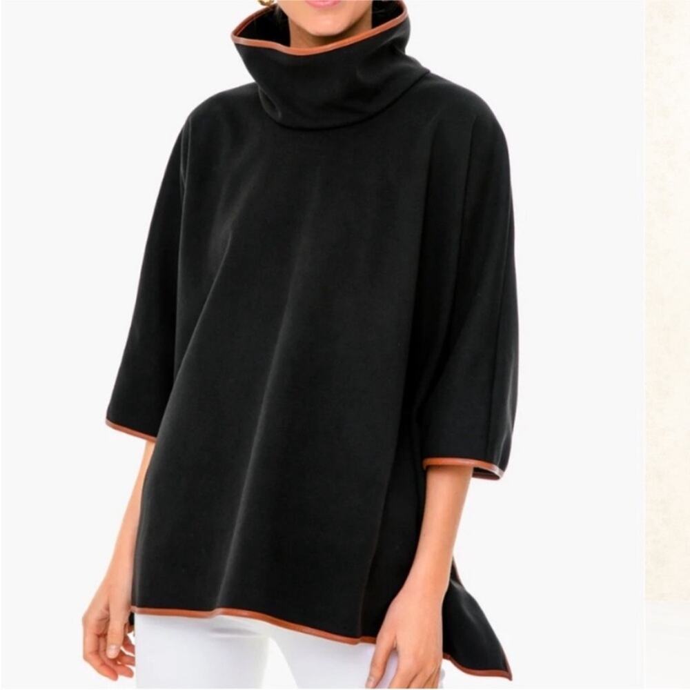 Tuckernuck Piper Poncho One Size Black Brown Leather Trim Funnel Neck
